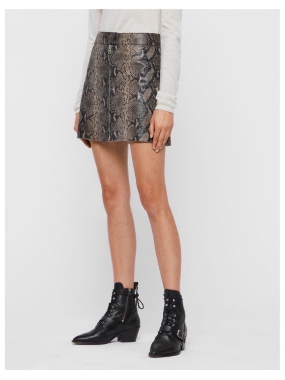 AllSaints Snake-Print Zip Front Mini Skirt - Black/Taupe